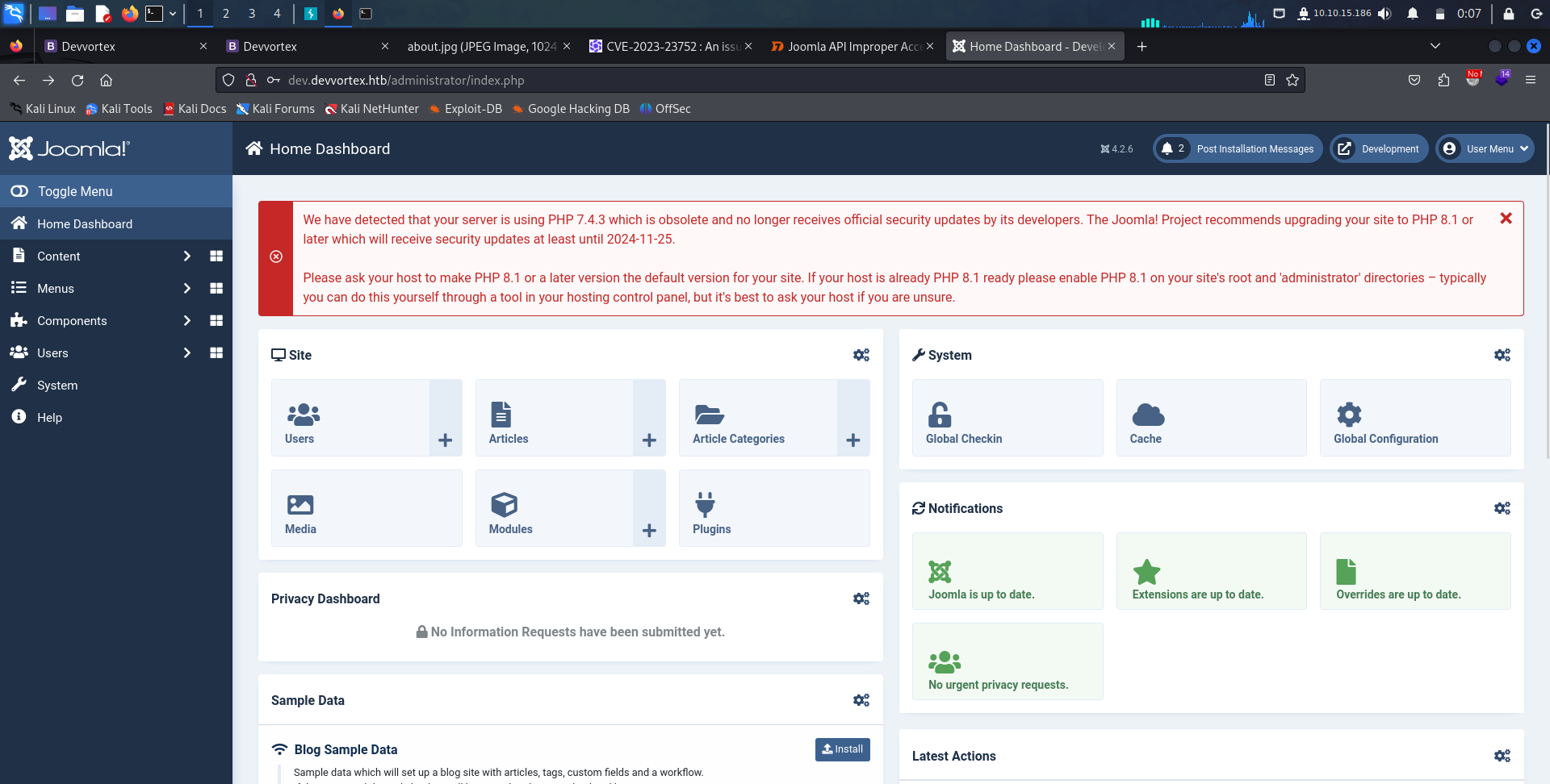 L'interface du joomla authentifié
