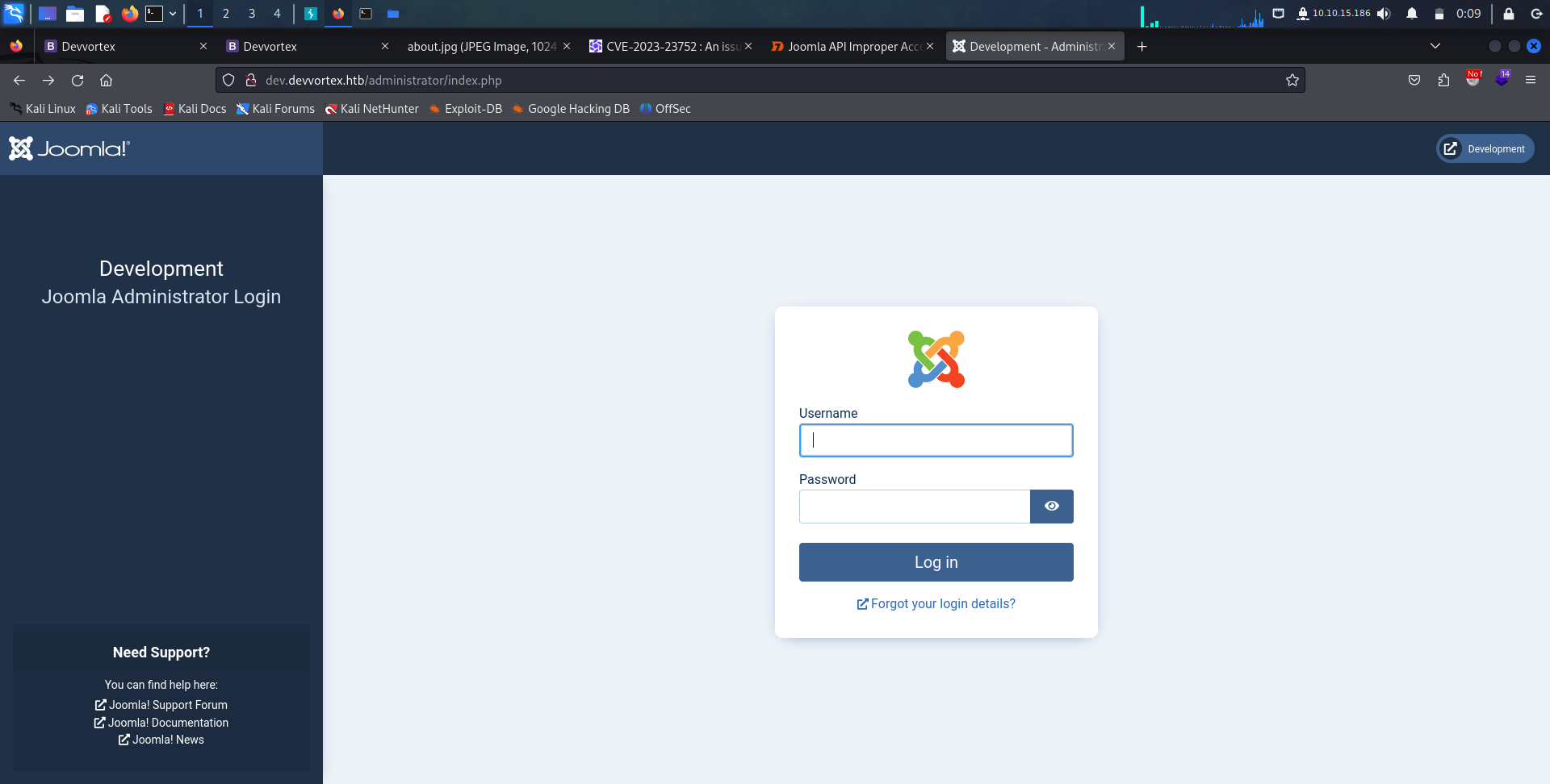 La page d'administration du joomla