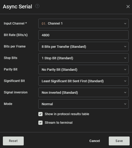 La première configuration avec un baud à 4800