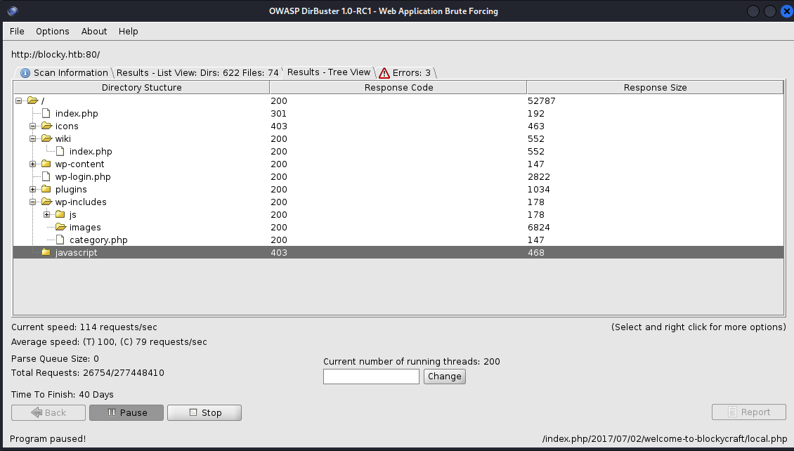 l'Output de DirBuster