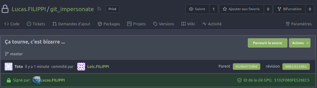Le message du commit vue depuis Gitea