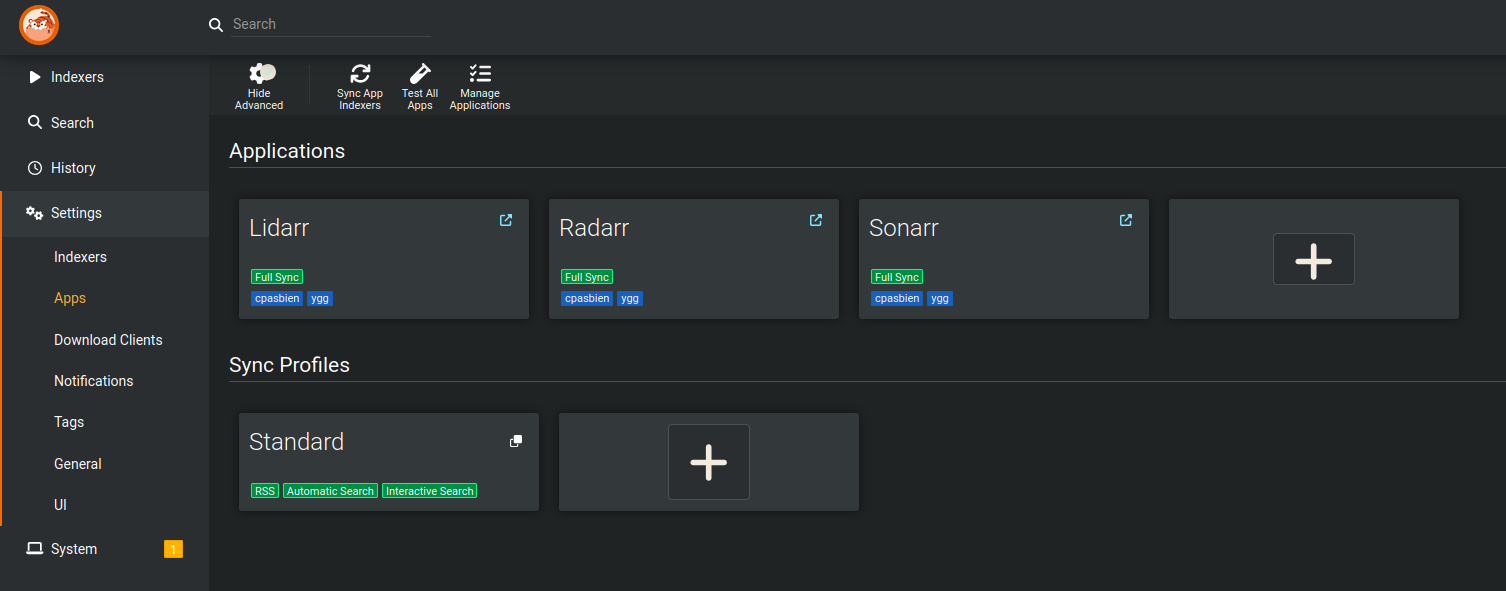 L'interface d'ajout d'application sous prowlarr